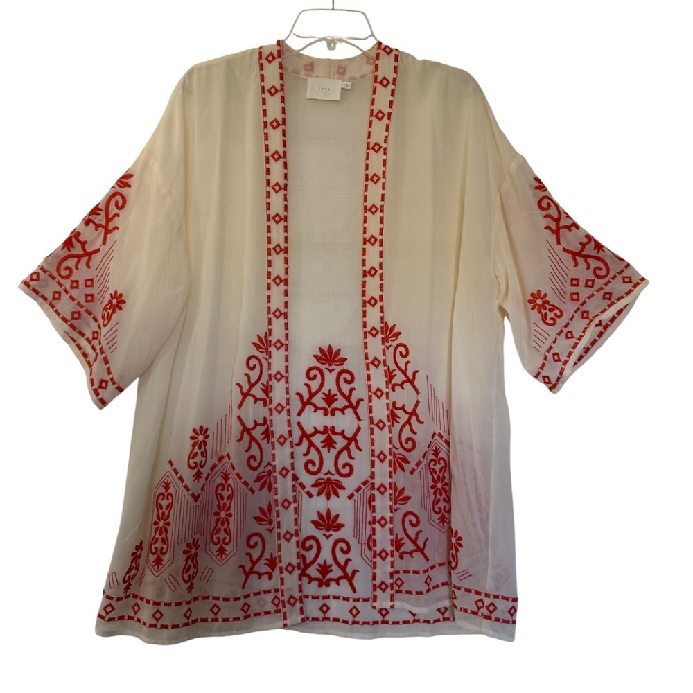 Lush Women Cream Red Embroidered Boho Kimono Cardigan Wrap LT12161-S08 SM
